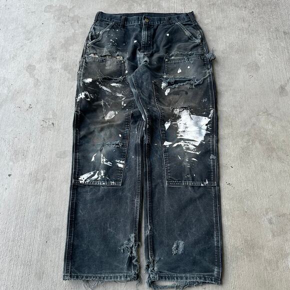 Vintage Y2K Carhartt THRASHED black double knee work wear carpenter pants - Picture 1 of 8